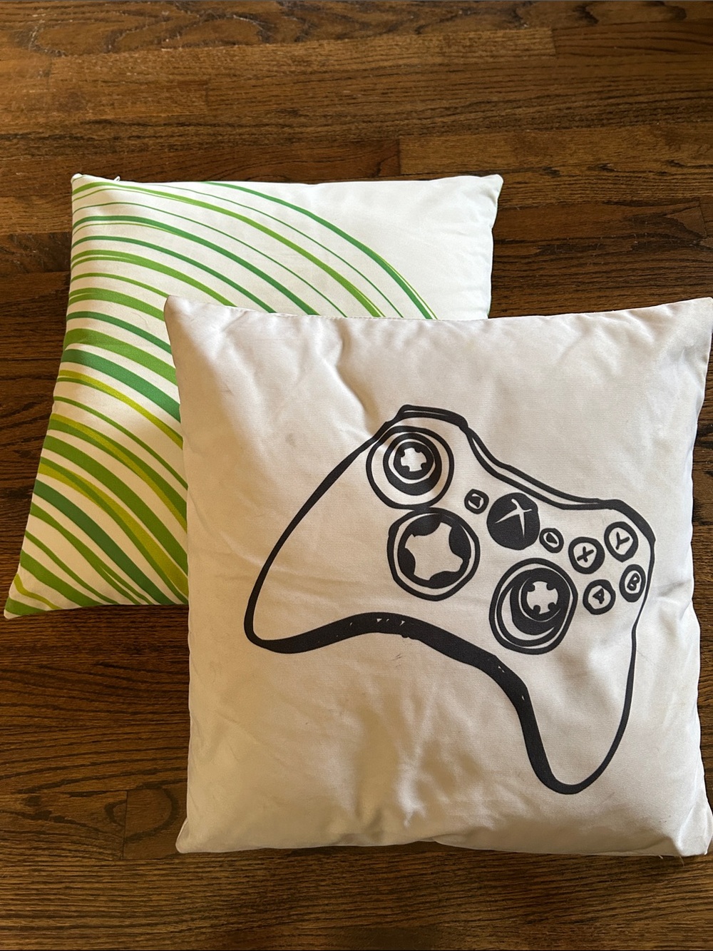 Xbox Gaming Controller with Black Graphic & Green Striped Pillows